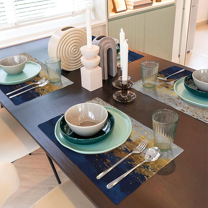 Navy Blue and Gold Splash Patterned Linen Placemats Set of 4, Washable Non-Slip Heat-Resistant Luxury Abstract Blue Gold Table Mats for Kitchen Dining Table Home Party Wedding Farmhouse, Home Decor