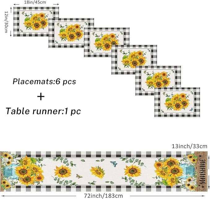 ArtSocket Sunflower Table Runner and Placemats Set of 6, Black White Buffalo Plaid Floral Flower Dining Decor for Daily Use(1 Table Runner 72 inches Long and 6 Placemats)