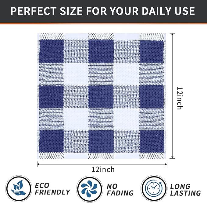 Mordimy 100% Cotton Waffle Weave Plaid Dish Cloths, 12 x 12 Inches, Super Soft and Absorbent Quick Drying Buffalo Check Dish Rags for Kitchen, 6-Pack, White & Navy Blue
