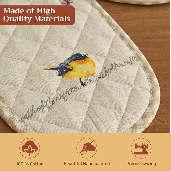 Maison d' Hermine Double Oven Mitts 100% Cotton 7"x35" Double Oven Mitt Heat Resistant BBQ Cooking Gloves with Loop Baking Grilling Gifts for Mothers Day Spring Summer (Birdies on Wire)