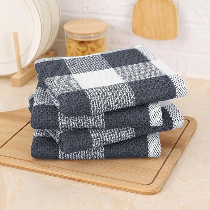 Mordimy 100% Cotton Waffle Weave Kitchen Towels, 13 x 28 Inches, Super Soft and Absorbent Buffalo Check Dish Towels for Drying Dishes, 4-Pack, White & Dark Grey