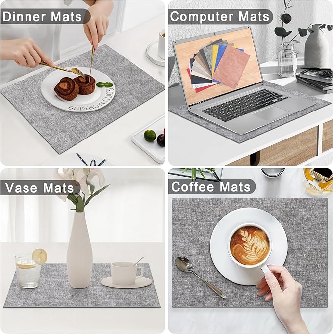 Homaxy Faux Leather Heat Resistant Placemats for Dining Table Set of 12, Waterproof Wipeable Washable PU Table Mats, Easy to Clean Anti-Slip Place Mats, 11.8" x 17", Light Grey