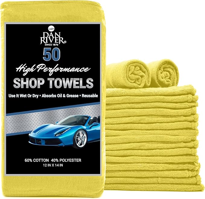 DAN RIVER Shop Towels, 50 Pack Commercial Use Yellow Terry Cloth Rags for Cleaning Cars & Household Surfaces – Well Absorbent, Reusable Cleaning Rags & Wash Clothes – Washable Towels