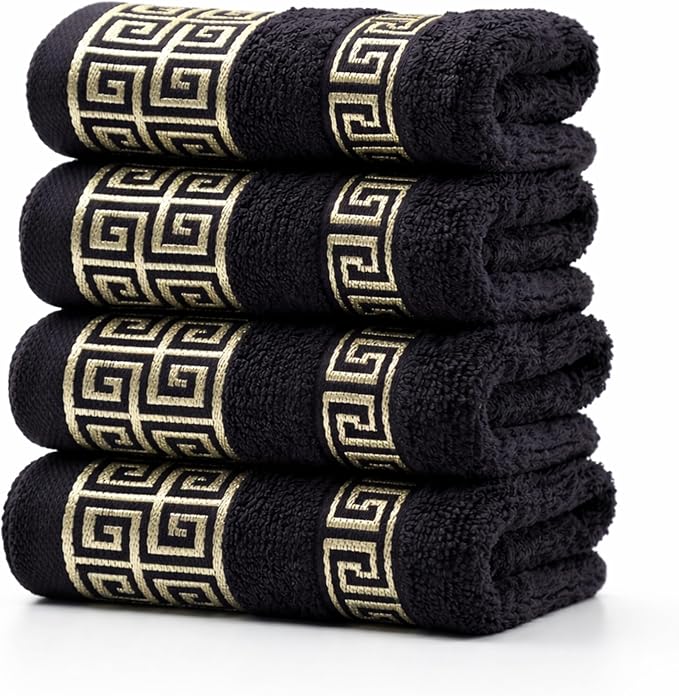 4 Piece WashCloth Set with Greek Key Design - 100% Cotton Soft & Absorbent Bathroom 12x19 in Small Towels - Soft Face Towels, Quick Dry Black Wash Cloth for Spa, Hotel & Home Use CC1