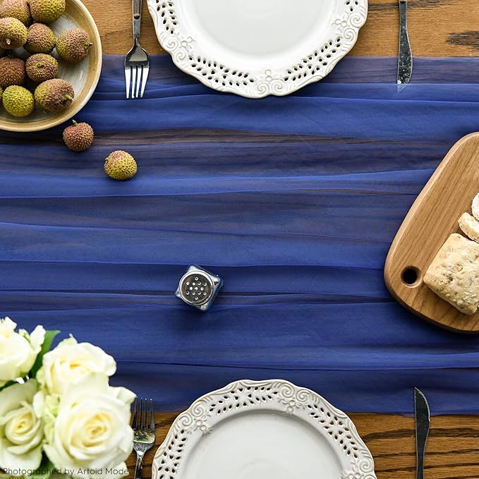 Artoid Mode 6PCS Navy Blue Gauze Table Runner 120 Inch 10FT, Seasonal Sheer Kitchen Dining Holiday Wedding Birthday Baby Shower Table Decor for Home Party