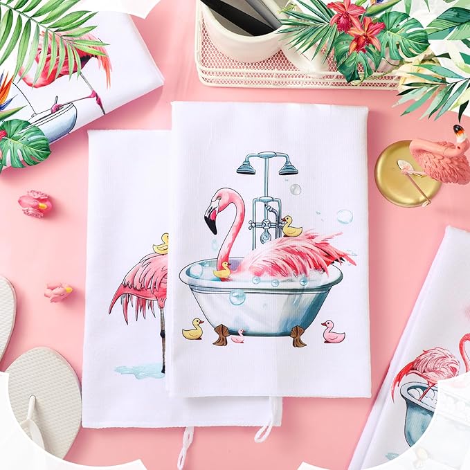 Oudain 6 Pcs Flamingo Kitchen Towels Decoration Pink 24" x 16" Absorbent Dish Hand Tea Towels Coths for Bathroom Home Gift Decor