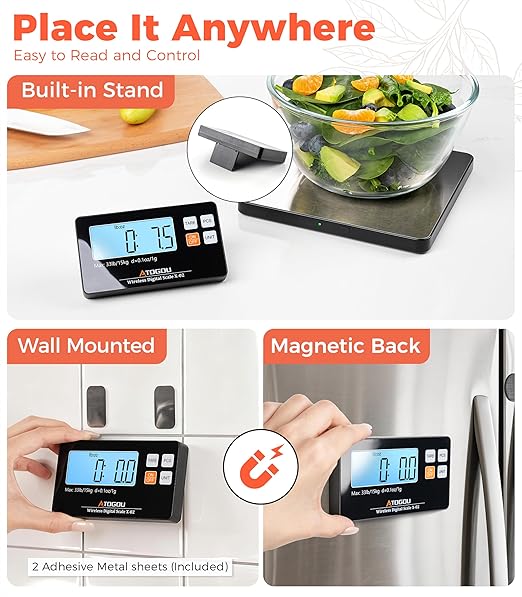 Atogou Upgraded Wireless Food Scale, 33lb/15kg Kitchen Scale with Detachable Display & Larger Platform, 0.1oz/1g, 9 Units, Counting Function, Stainless Steel, for Cooking, Baking, Shipping, Silver
