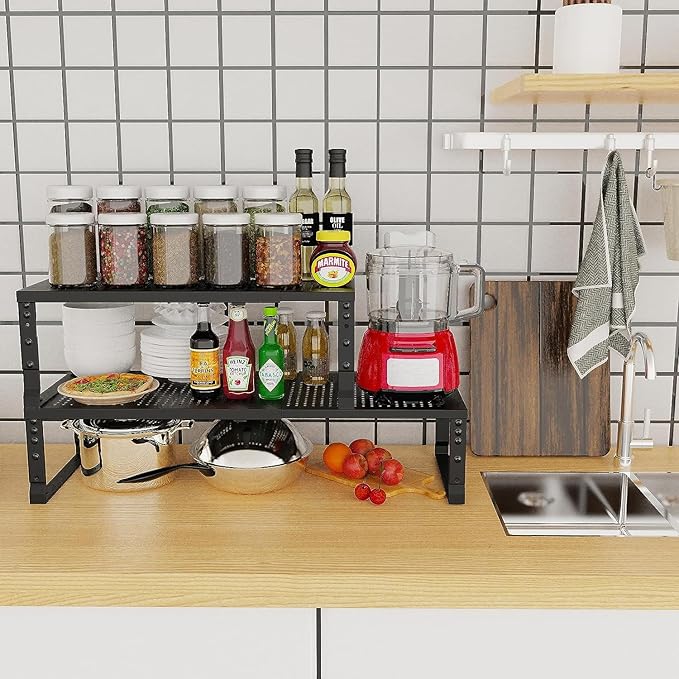 Jojocross Expandable Cabinet Shelf Organizer Storage Spice Rack Shelves for Kitchen Stackable Adjustable Pantry Cupboard Bathroom Countertop Desktop(1Pack/Black/Large-with Hole)