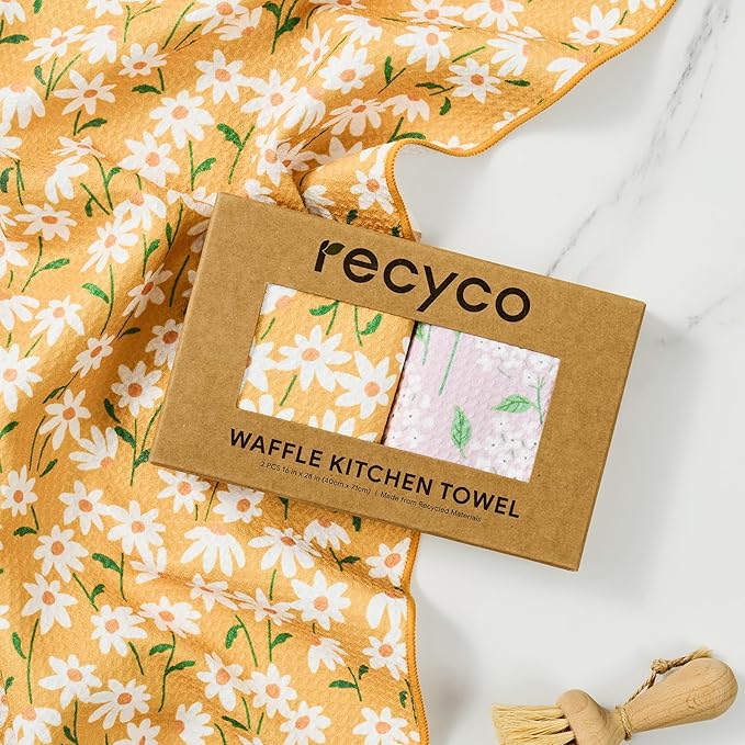 RECYCO Waffle Kitchen Towel Set of 2 - Quick Dry Microfiber Sustainable Dish Towels - Ultra Absorbent Reusable Cleaning Tea Towels - Lightweight Hand Towels,16”x 28”, Matisse Floral