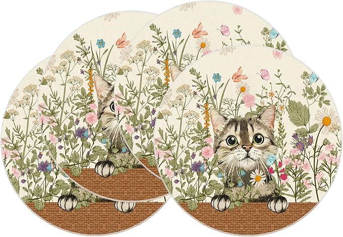 XCHI Wildflowers Cat Daisy Spring Round Placemats Set of 4 Summer Table Mats for Party Home Kitchen Dining Table Decorations 14x14 Inch