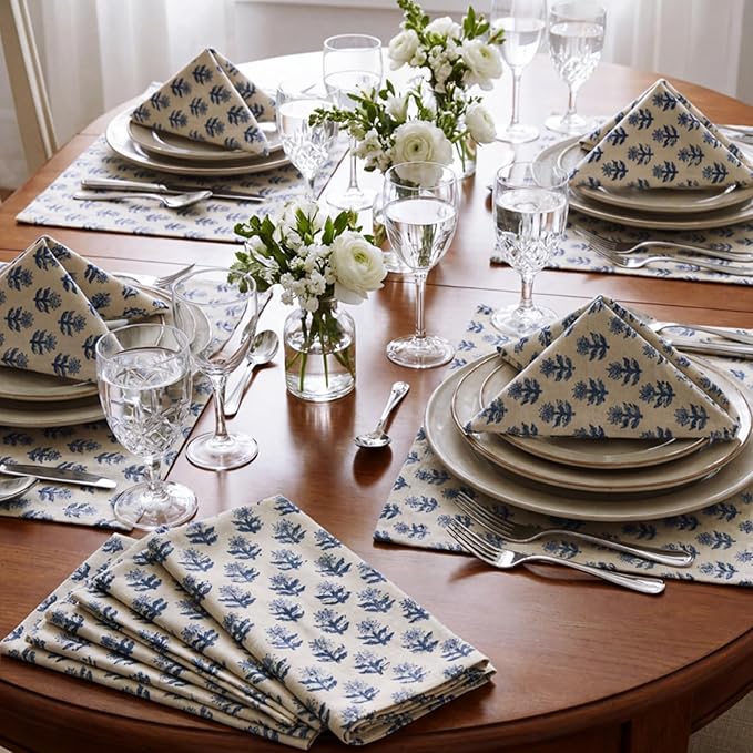 Mindsoft Set of 12 Floral Cloth Napkins Linen Cloth Napkins Spring Flower Wildflowers Dinner Napkin 18 x 18 Inch Vintage Washable Reusable for Dinner Home Restaurant Wedding Decor(Blue,12 Pcs)