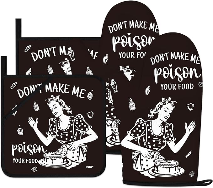 Funny Oven Mitts and Pot Holders Sets Black Kitchen Accessories Cute Kitchen Decor Funny House Warming Gifts Heat Resistant Cooking Baking Gifts for Women (Black, Oven Mitts & Pot Holders)