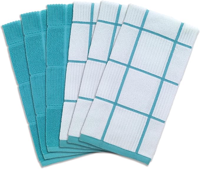 T-Fal Solid & Checked Parquet Kitchen Towels: Highly Absorbent, Super Soft Long Lasting - 100% Cotton, 16"x26" Dish Towels for Cleaning & Drying Dishes, Pans, Glassware, Countertops, 6-Pack, Breeze