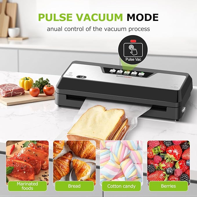 Bonsenkitchen Vacuum Sealer, Multi-Functional Food Sealer with 1 Roll Bag+ 5 Bags, Fast-Compact Design | Bag Storage | Built-in Cutter, External Vacuum System & Accessory Tube, Silver