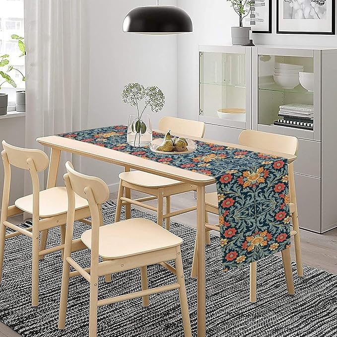 William Morris Table Runner Rural Farmhouse Vintage Flower Art Printed Dinner Runner for Home Kitchen Dining Table Decor Fabric 1 Panel W13xL90in