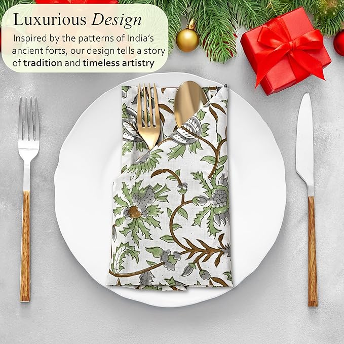 CPC Cloth Napkins Set of 4 Cotton Printed Dinner Hand Print Napkins I Wedding Cocktail Cloth Floral Napkins I 18x18 in I Mint Leaf