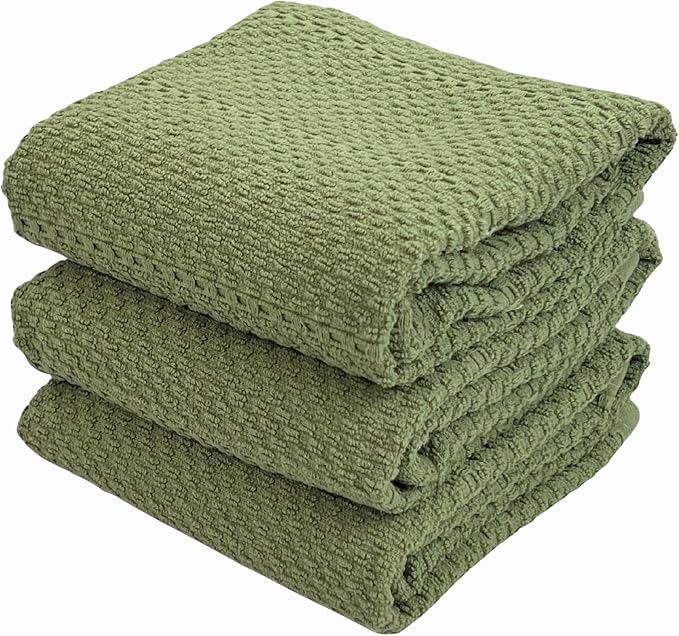 Serafina Home Dark Sage Green Kitchen Hand Dish Towels: Oversized 28" x 18",100% Cotton Cloth Soft Cleaning Drying Absorbent Textured Design, Set of 3 Multipurpose for Everyday Use (Dark Sage)