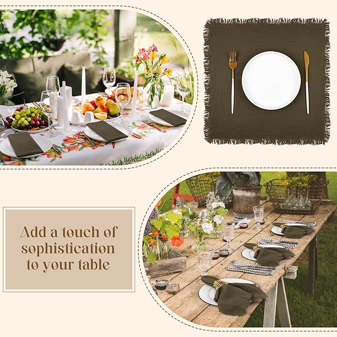 TURSTIN 12 Pieces Cotton Linen Cloth Napkin Handmade Cloth Napkin with Fringe 17 x 17 Inch Soft Dinner Wedding Napkins Square Rustic Fringe Table Napkins for Dinners, Parties, Weddings, Coffee