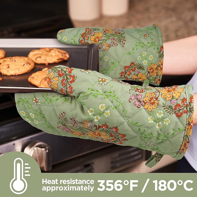 BONTHEE Oven Gloves Extra Long Cotton Cooking Gloves with Non-Slip Striped Baking Gloves for Cooking Baking Grilling - 2PCS