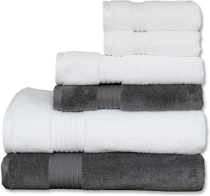 Milara Turkish Bath Towels Set of 6| 2 Bath Towels, 2 Hand Towels & 2 White Wash Cloths with Elegant White & Anthracite (Dark Gray) Colors | 700 GSM Premium Quality Cotton Ultra-Soft & Absorbent