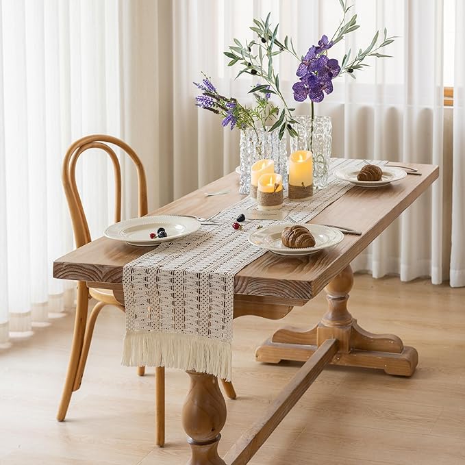 Keketoarrange Boho Spring Table Runner White for Home Decor 12x90 Inches Farmhouse Macrame Woven Burlap Jute Rustic Coffee Table Runner Dresser Scarf Dining Kitchen Centerpiece Bohemian Decor