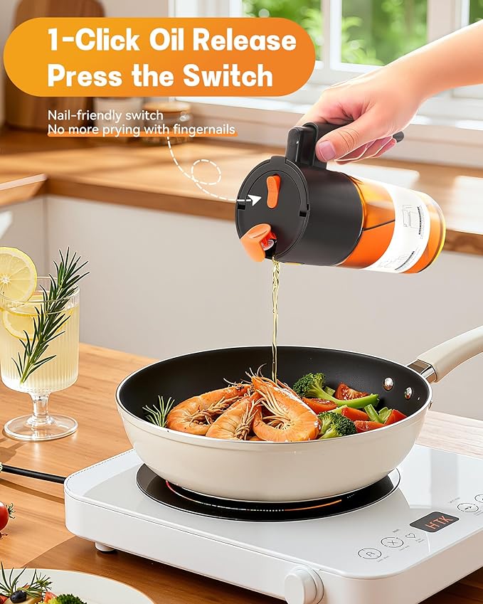 OURCABECUE Upgrade 2 in 1 Oil Sprayer for Cooking, 17oz Light-Blocking Glass Olive Oil Dispenser Bottle for Kitchen,Food-Grade Oil Mister with 8 Stickers for Salad, Frying(Amber Bottle-Black Gap)