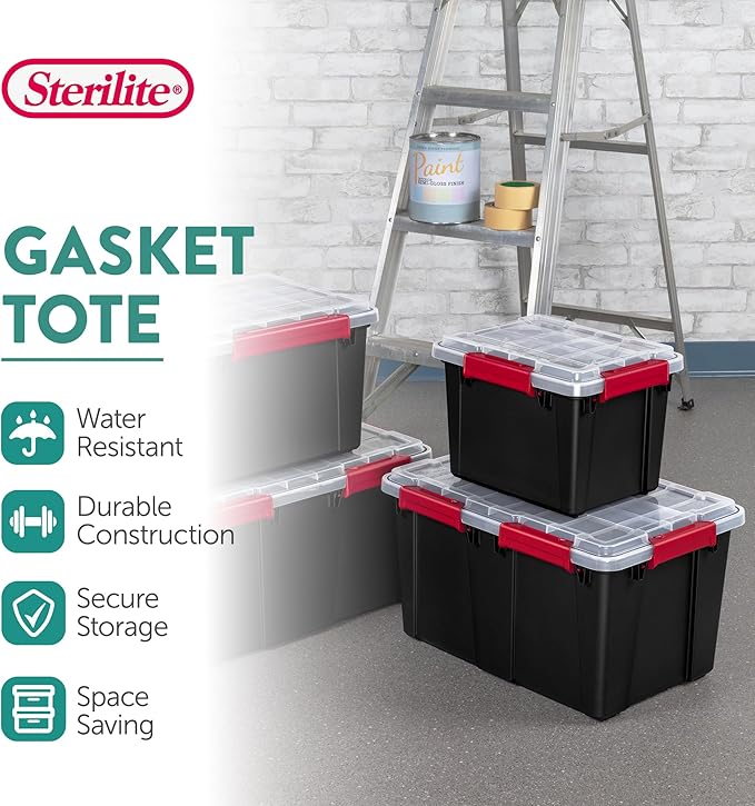 Sterilite 12 Pack 5 Gallon Gasket Box, Stackable Plastic Storage Container with Lids, Black - Waterproof and Dustproof Tote for Home Organization
