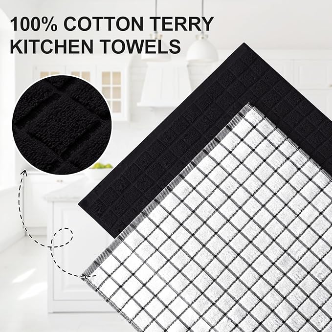 Homaxy Premium Cotton Kitchen Towels 16"x 28", Large Natural Ring Spun 390 GSM Dish Towels, Super Absorbent Terry Kitchen Hand Towels, Soft Tea Towels with Hanging Loop, Black Check Design, 6 Pack