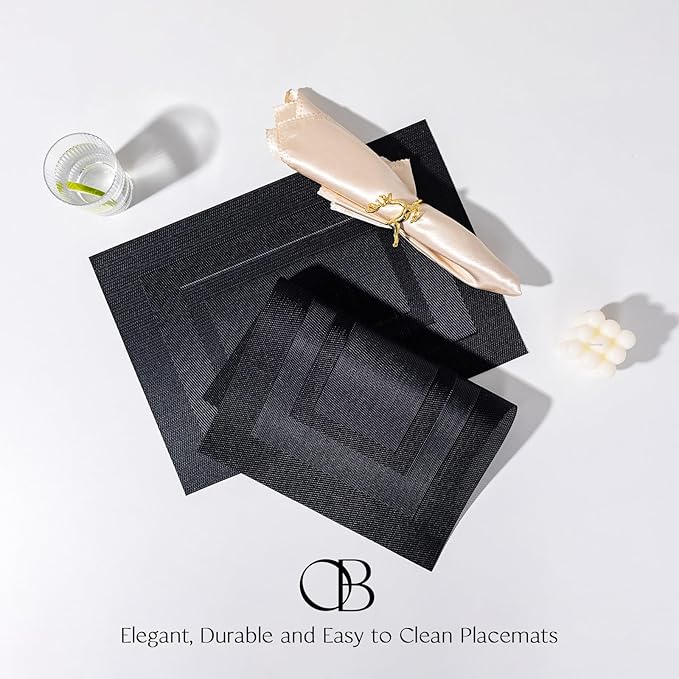 Placemats Set of 6 - Easy Clean Woven Vinyl Placemats for Dining Table, Indoor/Outdoor Place Mats, Washable PVC Table Mats（Black Cube）