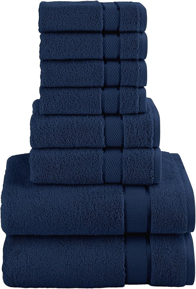 Elegant Comfort Premium Cotton 8-Piece Towel Set, Includes 4 Washcloths, 2 Hand Towels and 2 Bath Towels, 100% Turkish Cotton - Highly Absorbent and Super Soft Towels for Bathroom, Navy