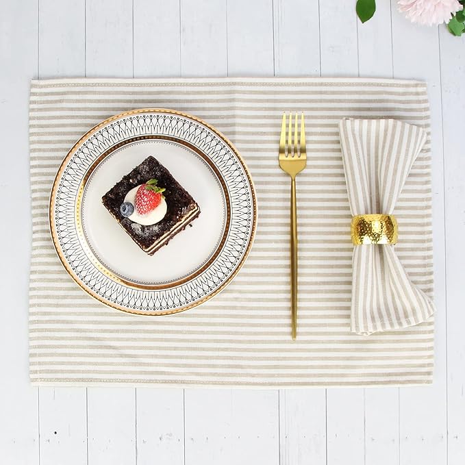 Plain Striped Cotton Linen Blended Dinner Cloth Napkins - Set of 12 (40 x 30 cm) - for Events & Home Use (Beige)