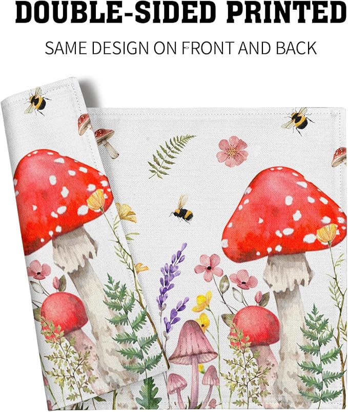 Mushroom Plants Placemats Set of 4，Rustic Wildflowers Heat Resistant Washable Place Mats 12x18 Inch Farmhouse Decor Table Mats for Party Kitchen Dining Indoor Outdoor