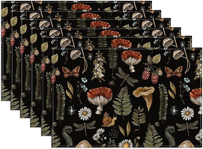 Black Mushroom Placemats Set of 6,12x18 Inch Linen Place Mat Washable Stain Resistant Table Mats for Spring Summer Seasonal Farmhouse Kitchen Party Home Decor