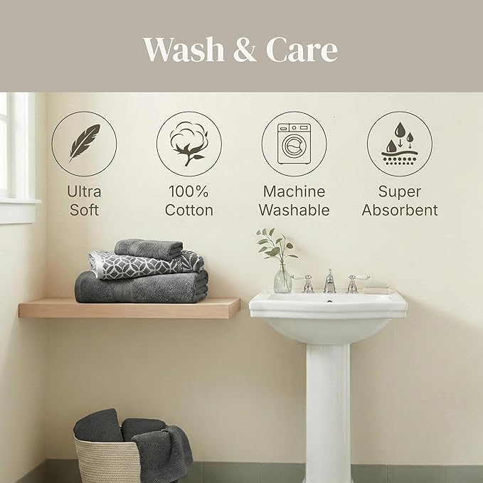 Modern Threads Botanical Vine 6-Piece 100% Cotton Towel Set – Reversible Yarn Dyed Jacquard – Includes 2 Bath Towels, 2 Hand Towels, 2 Washcloths – Absorbent, Quick Dry, Soft & Durable – Gray