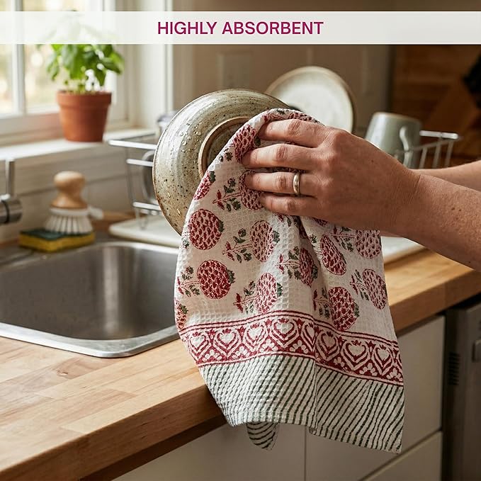 ATOSII 100% Cotton Hand Block Print Waffle Kitchen Towel, Set of 3, 18 x 26 Inches Ultra Absorbent Quick Dry Dish Towels, Lightweight Reusable Sustainable Tea Towels for Cleaning and Drying, Roma Red