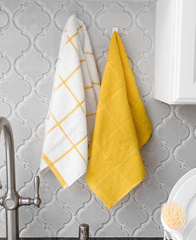 T-Fal Solid & Checked Parquet Kitchen Towels: Highly Absorbent, Super Soft Long Lasting - 100% Cotton, 16"x26" Dish Towels for Cleaning & Drying Dishes, Pans, Glassware, Countertops, 6-Pack, Lemon