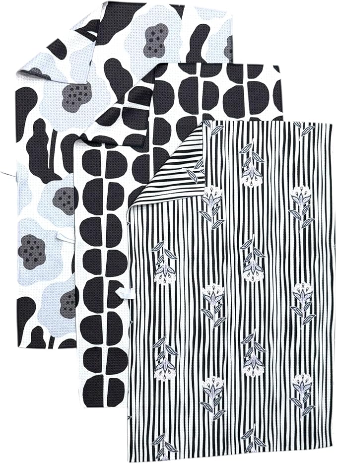|| 3 Pack|| Double Sided Dish Towels || Waffle Weave Microfiber || Tea Towels || Highly Absorbent || Hanging Loop || Dish Cloths || Modern || Designer Prints (Black/Gray)