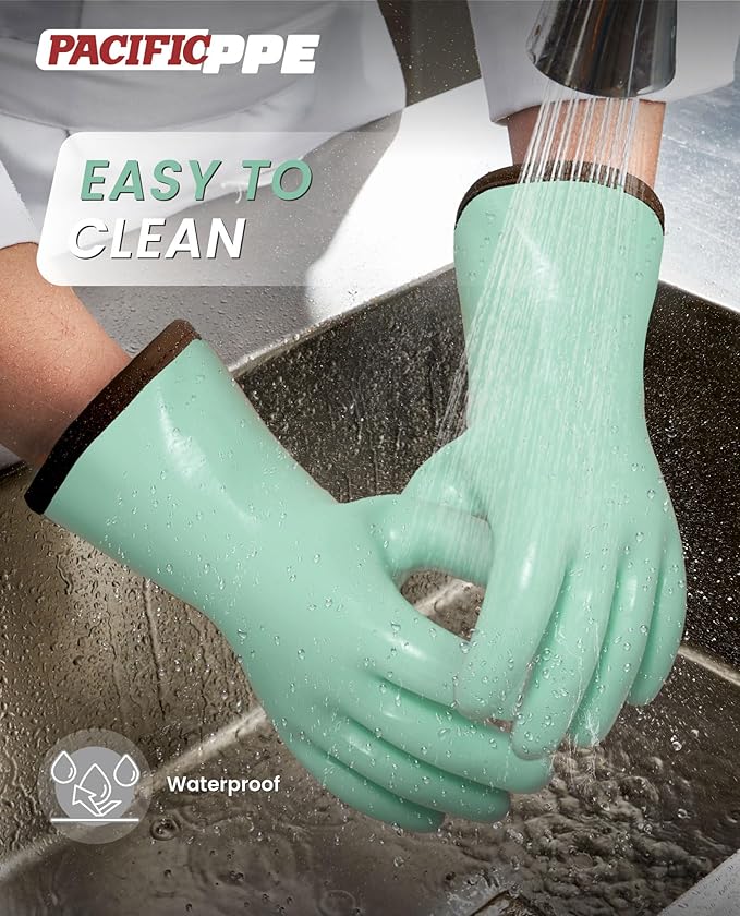 PACIFIC PPE Heat Resistant Oven Gloves, Food Grade Safety Gloves with Thickened Waterproof Silicone Coating for Cooking, Grilling, Baking, Smoker, Green, XXL/11