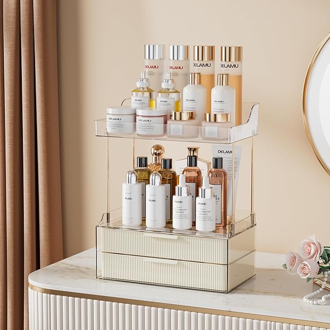 Delamu Bathroom Organizers and Storage, 2 Tier 2 Drawer Makeup Organizer Countertop, Easy to Install, Ideal for Bathroom Counter, Vanity, Ideal for Women Girls, Cream White