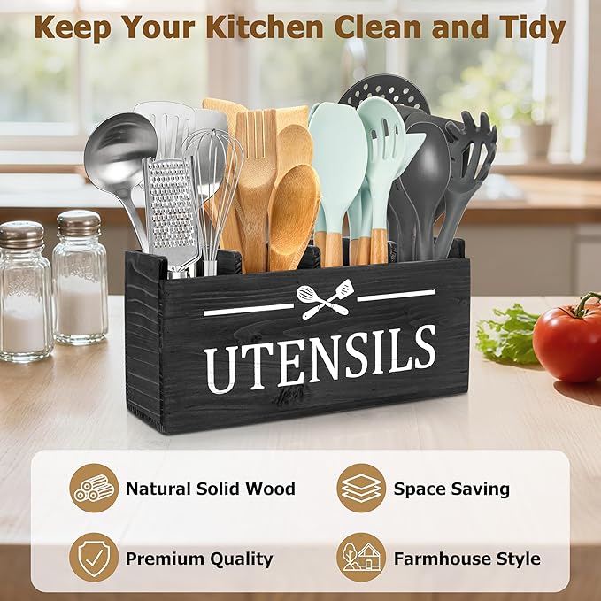RedCall Extra Large Utensil Holder Organizer,4 Compartments Wooden Kitchen Tool Holder for Countertop,Rustic Farmhouse Utensil Organizer for Spatula Spoon Storage (Black-4)