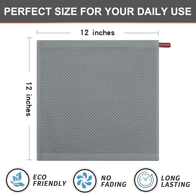 Kitinjoy 100% Cotton Kitchen Dish Cloths (12 X 12 Inches, Grey), 6 Pack Waffle Weave Ultra Soft Absorbent Dish Towels for Drying Dishes Quick Drying Kitchen Towels Dish Rags