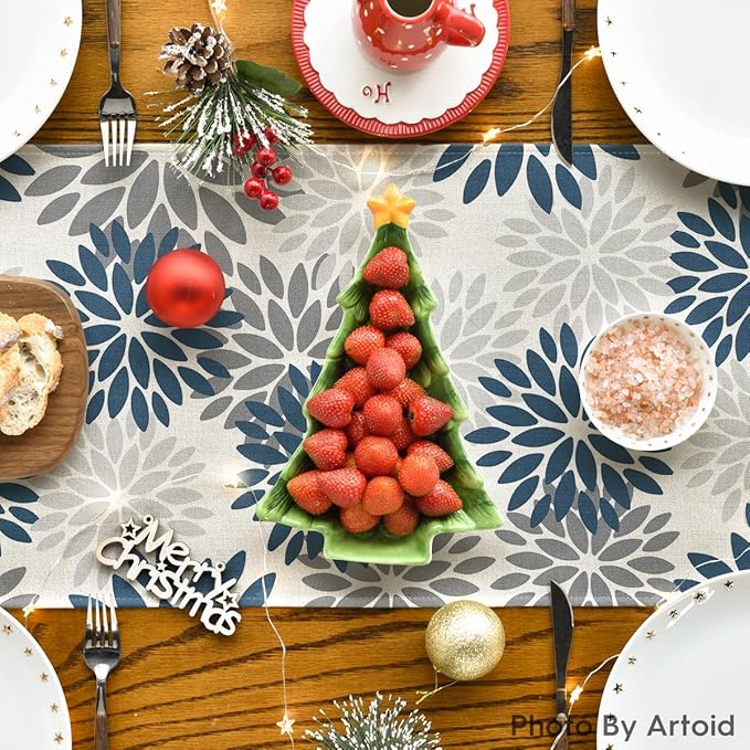 Artoid Mode Dahlia Aqua Floral Pinnata Flower Winter Table Runner, Seasonal Summer Holiday Kitchen Dining Table Decoration for Home Party Decor 13x90 Inch