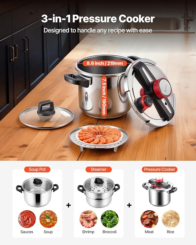 VEVOR Pressure Cooker, 8Qt Pressure Cooker Stainless Steel, Pressures Canner with Steaming Rack, Tempered Glass Lid, Three Pressures Settings for Meat, Beans, Rice, Soup, Sauces, Cook up to 100 kPa