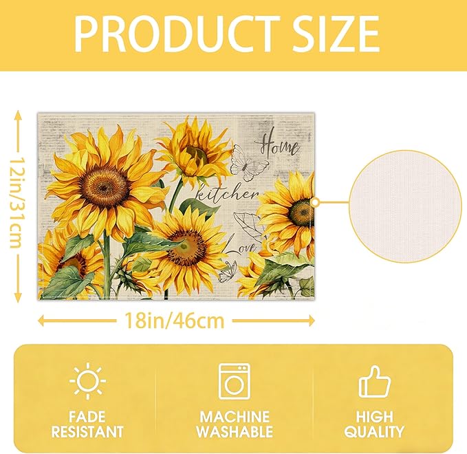 Sunflower Placemats Set of 6, Spring Summer Sunshine Table Mats 12x18 Inch, Farmhouse Washable Table Decor for Kitchen Dining Indoor Outdoor Party Holiday