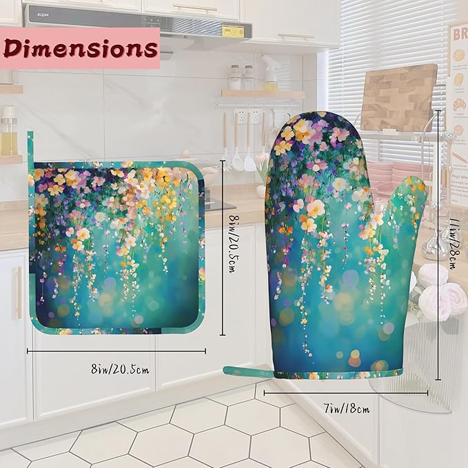 Watercolor Ivy Flower Spring Flower Oven Mitts and Pot Holders (4PCS),Heat Resistant Non-Slip Silicone Kitchen Gloves for Cooking, Baking, BBQ Waterproof Kitchen Accessories