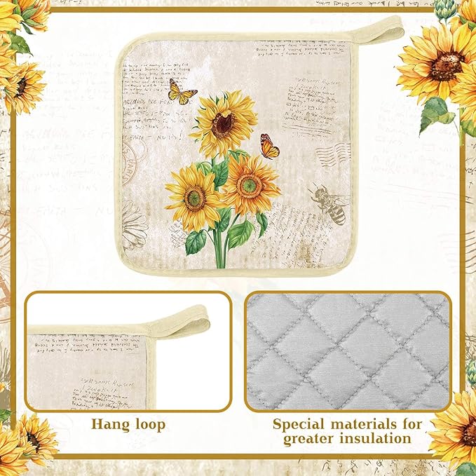 Bencailor 12 Pcs Pot Holders with Pocket Kitchen Hot Potholders Hot Pad Oven Mitts Cookie Bag Oven Gloves for Kitchen Gift Baking Cooking(Yellow,Sunflower)