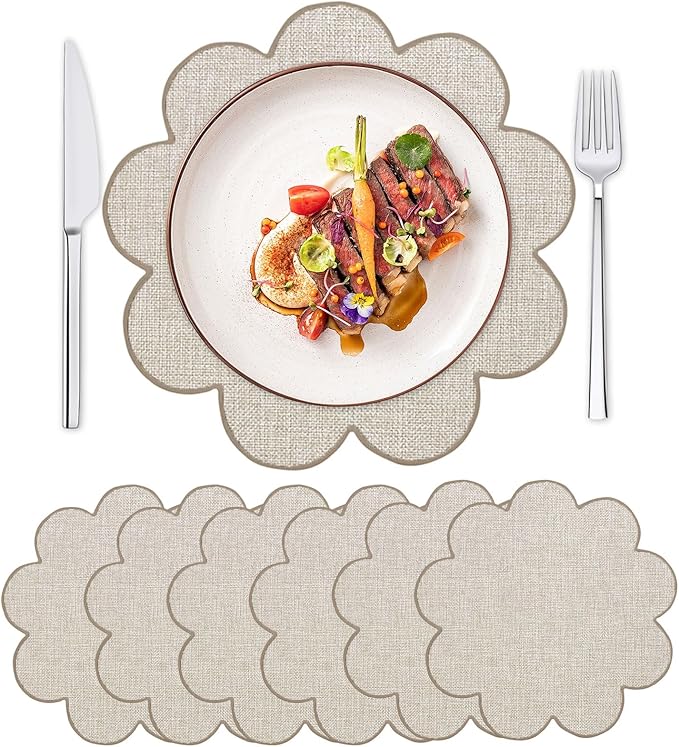 SK Studio Set of 6 Cotton Linen Placemats, 15x15 Round Scalloped Cloth Table Mats, Embroidery Double Layered Washable Dining Placemat for Hotel Restaurant Kitchen, Beige