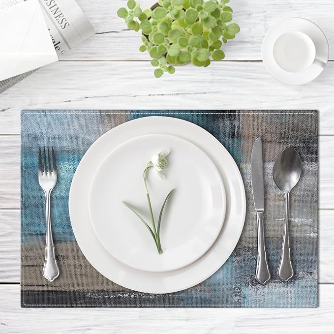 Emvency Farmhouse Placemats Set of 4, Vintage Blue and Grey Art Painting 12x18 Inch Abstract Gray Table Mats for Outdoor Home Party Kitchen Dining Decoration