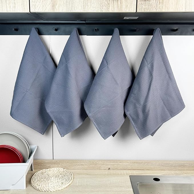PY HOME & SPORTS Dish Towels Set - 17 x 25 Inches 4 Pieces Grey 100% Cotton Waffle Weave Kitchen Towels, Absorbent Kitchen Hand Dish Cloths for Cleaning and Drying