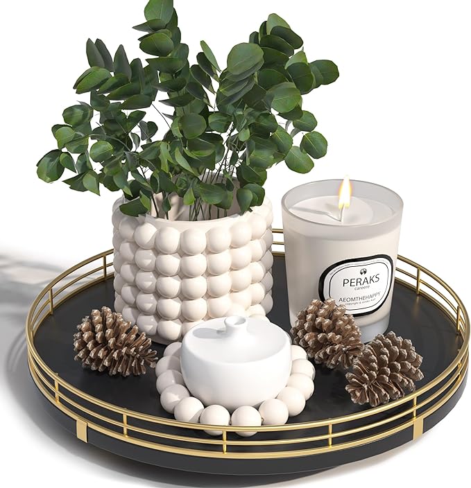 10" Oak Wood Decorative Tray for Home Decor, Tray for Coffee Table Decor Perfume Nightstand Vanity Bathroom Trays for Counter Candle Jewelry Makeup Farmhouse Table Centerpiece for Dining Room Gold